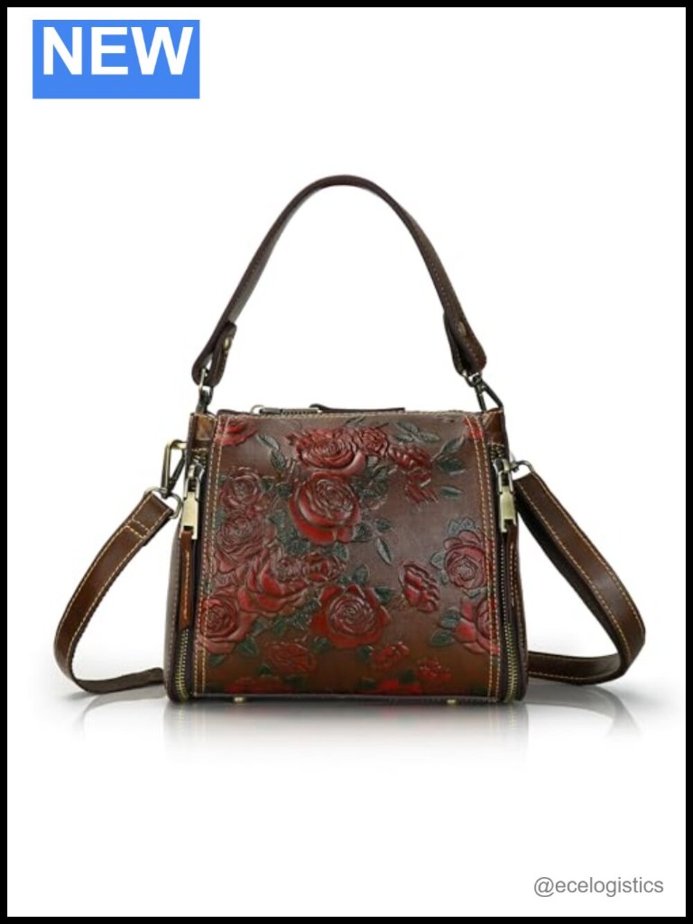 Vintage Leather Crossbody Bag Handbag with Rose Pattern Satchel Purse